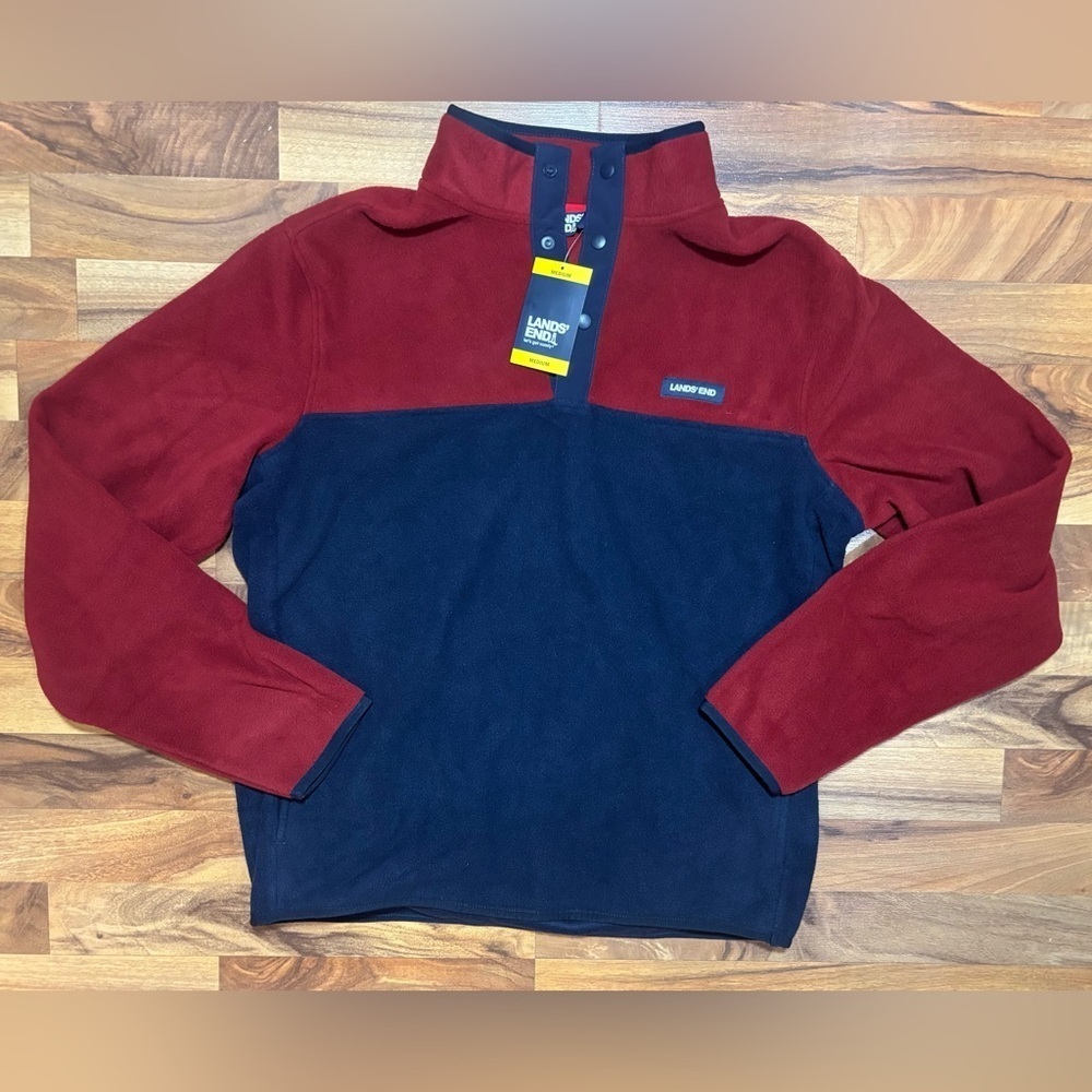 Lands' End Fleece Pullover Top Shirt Soft Stretch Burgundy Navy Men's Medium NWT